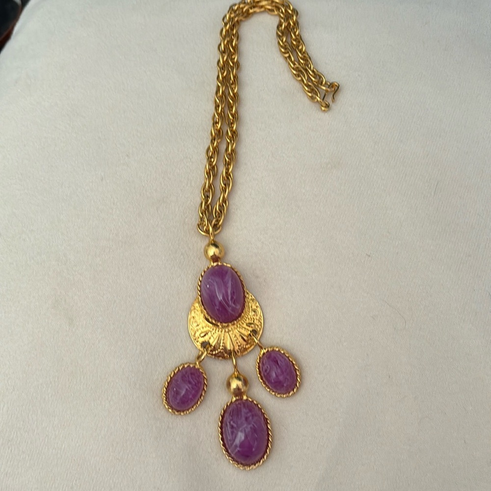 Genuine Les Bernard Goldtone Necklace with amethyst cabochons